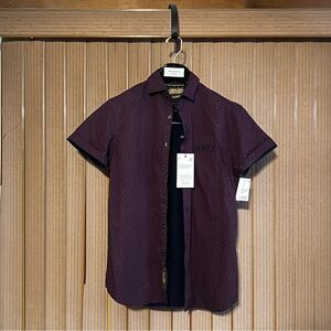 Denim & Flower Printed Button Up Tee Shirt in Red/Navy Blue Men’s Slim Fit Small